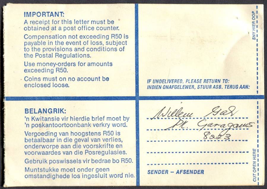 RSA - Cover Registered At Garies Post Office