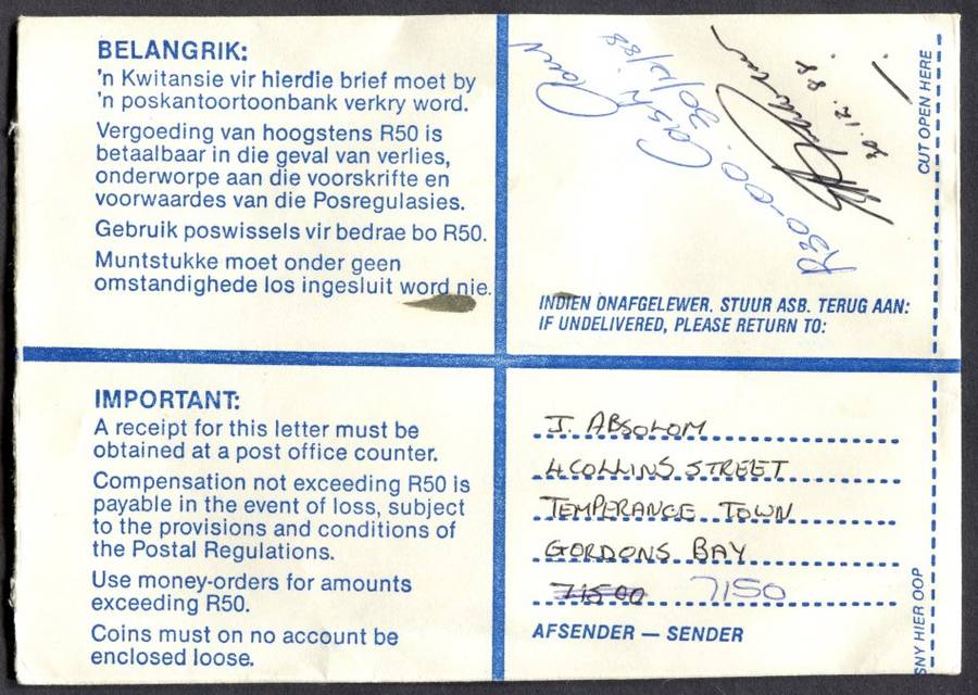 RSA - Cover Registered At Gordon's Bay Post Office