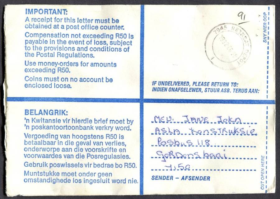 RSA - Cover Registered At Gordon's Bay Post Office