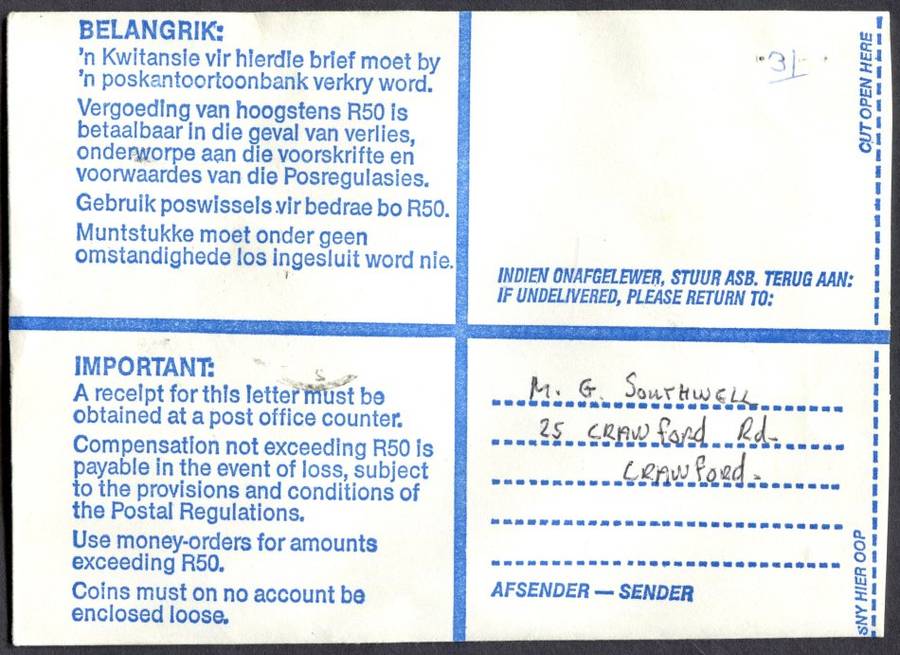 RSA - Cover Registered At Glosderry Post Office
