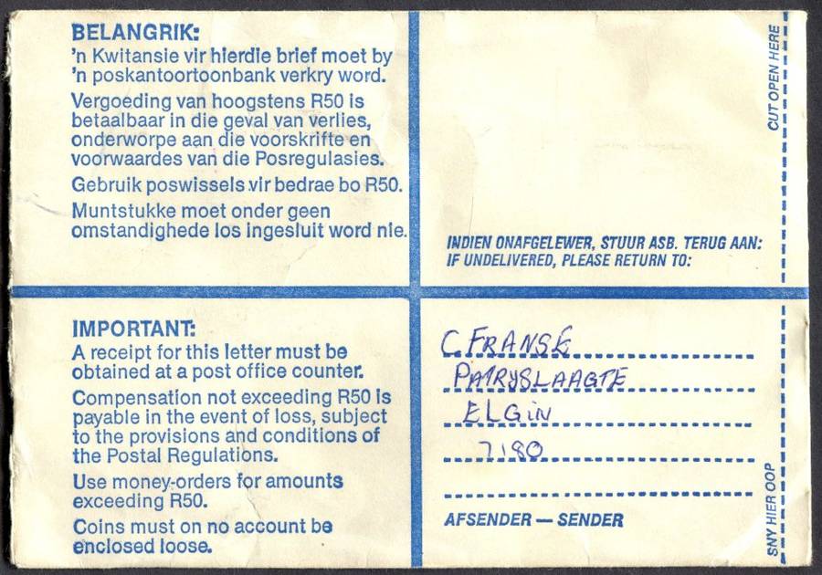 RSA - Cover Registered At Grabouw Post Office