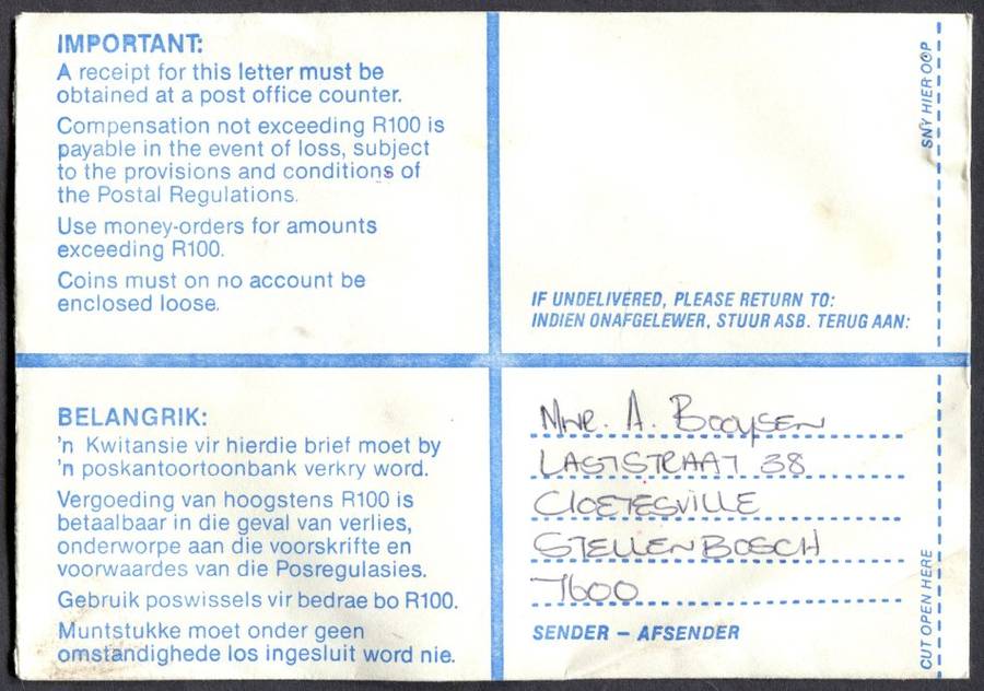 RSA - Cover Registered At Stellenbosch Post Office