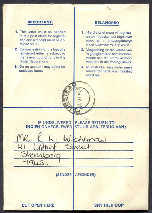 RSA - Cover Registered At Steenberg Post Office
