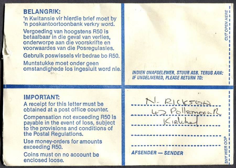 RSA - Cover Registered At Steenberg Post Office