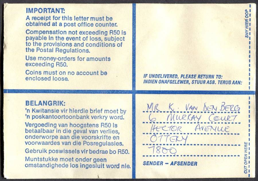 RSA - Cover Registered At Soutrivier Post Office
