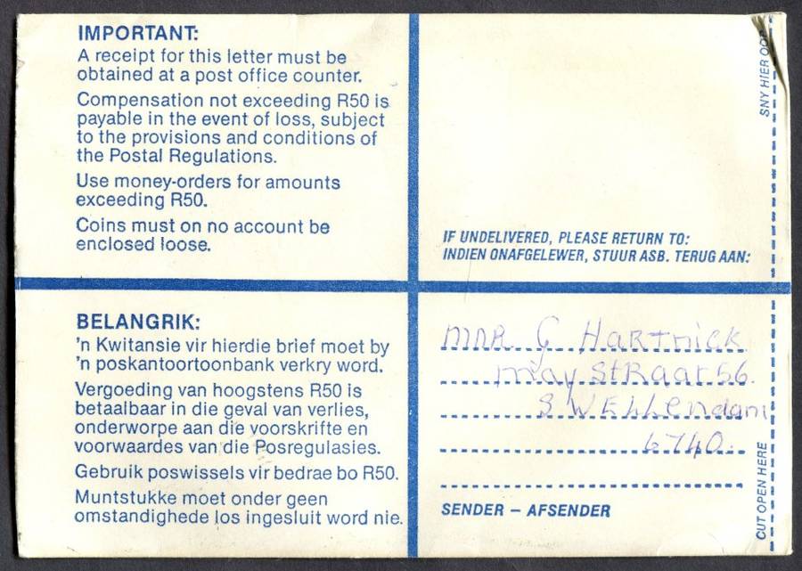 RSA - Cover Registered At Swellendam Post Office