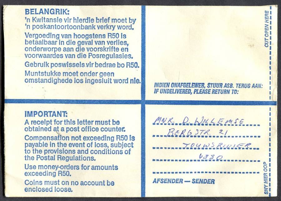 RSA - Cover Registered At Touwsrivier Post Office