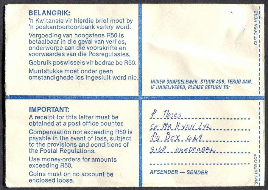 RSA - Cover Registered At Vredendal Post Office
