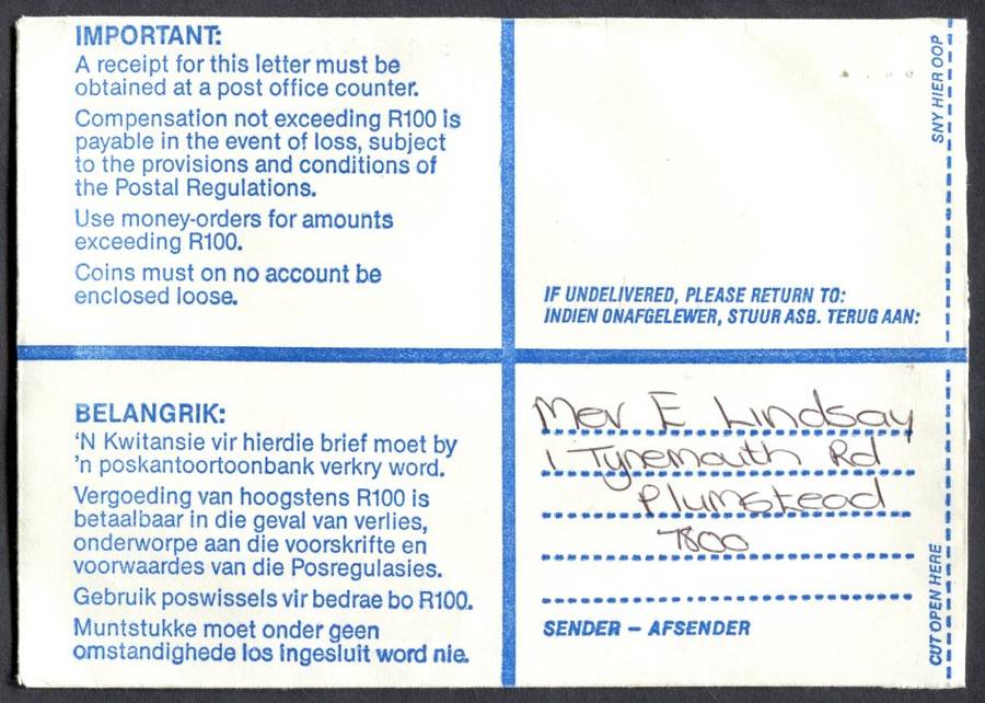 RSA - Cover Registered At Vlaeberg Post Office