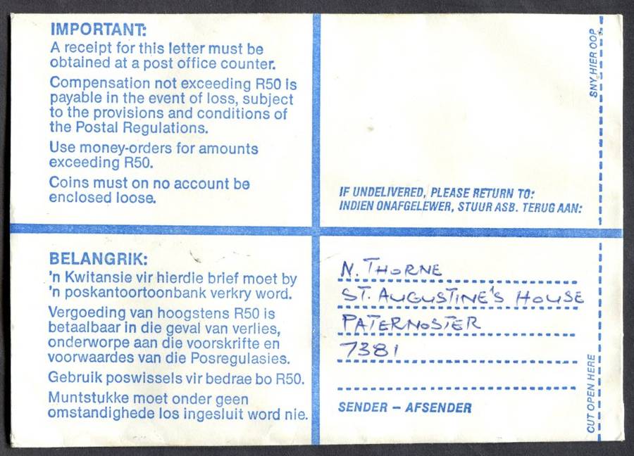 RSA - Cover Registered At Vredenburg Post Office
