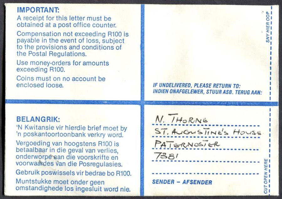 RSA - Cover Registered At Vredenburg Post Office