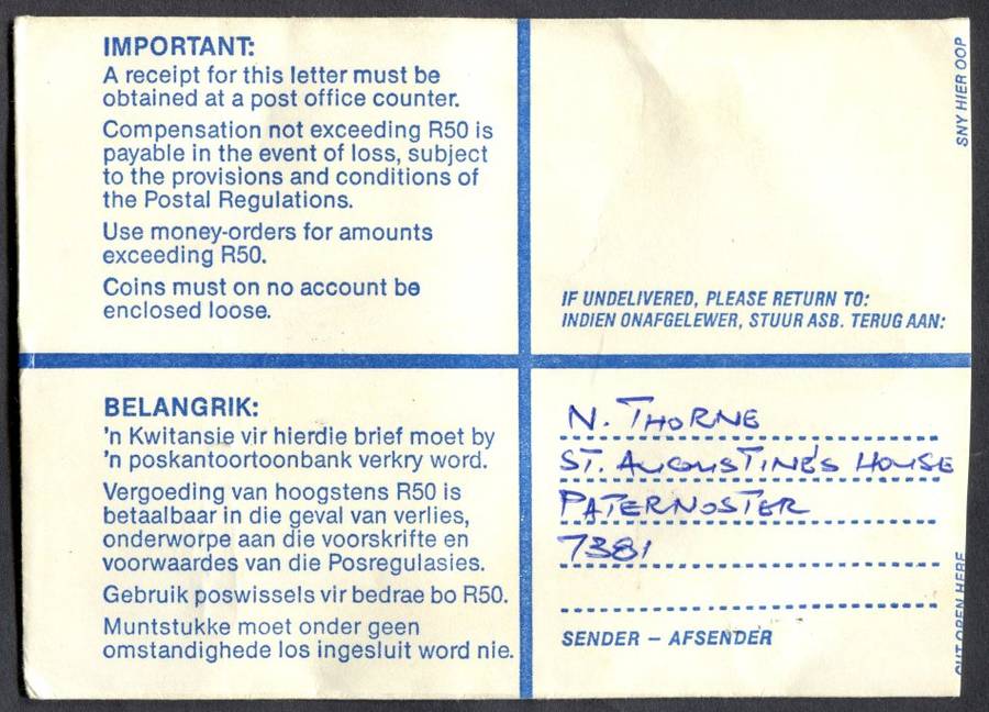 RSA - Cover Registered At Vredenburg Post Office