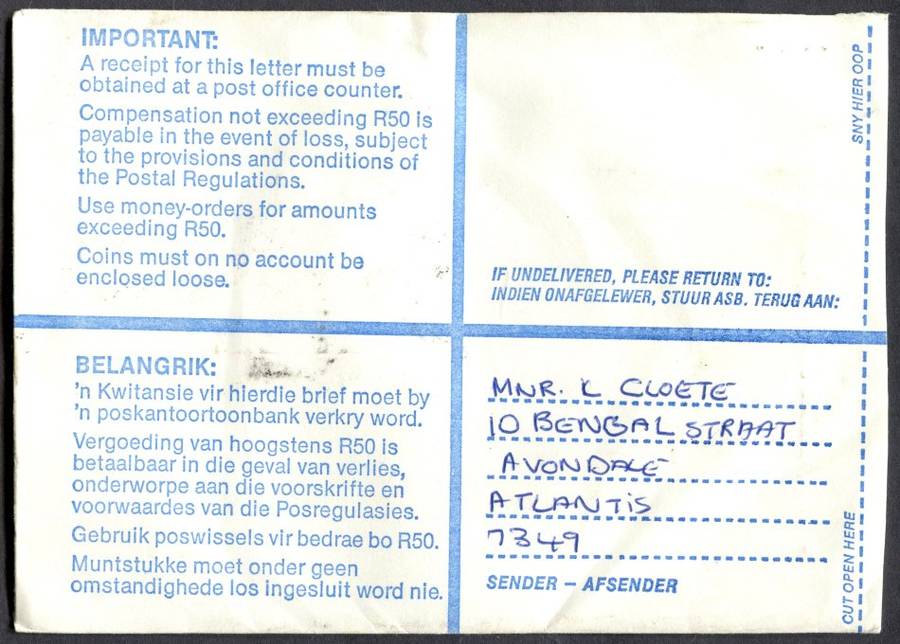 RSA - Cover Registered At Wesfleur Post Office