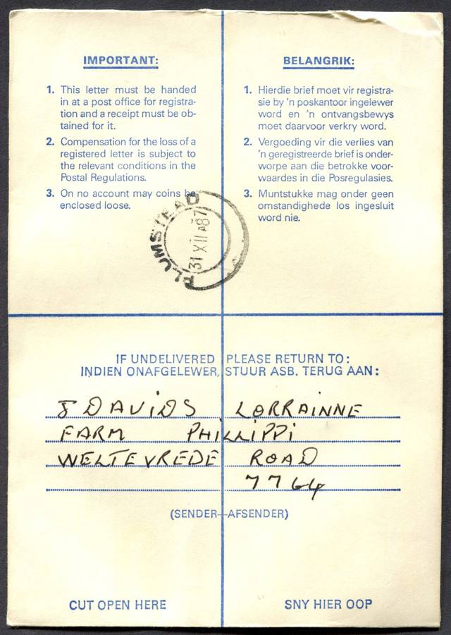 RSA - Cover Registered At Westridge Post Office