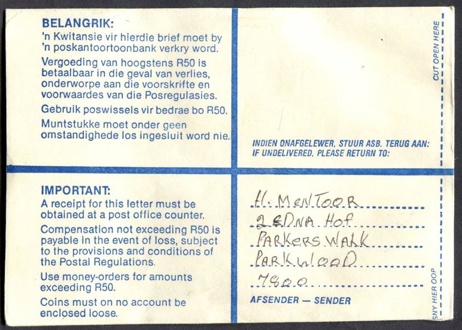 RSA - Cover Registered At Wynberg K/C Post Office