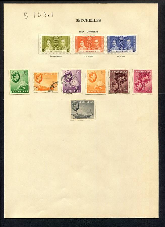 Seychelles - 10 Stamps Mounted (Hinged) on Old Album Page