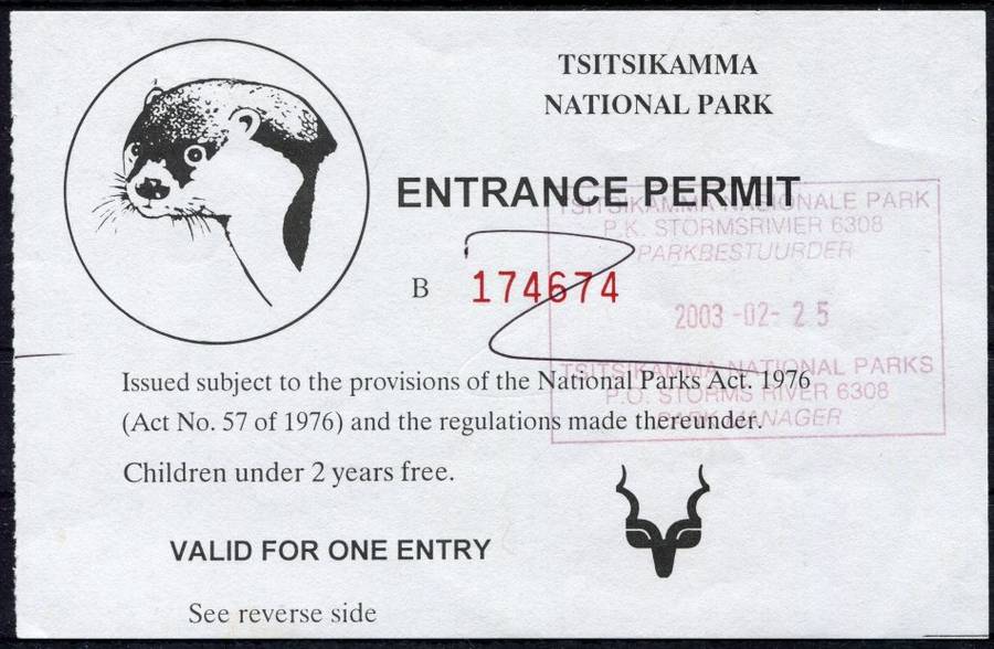 Entrance Permit - Tsitsikamma National Park - Used