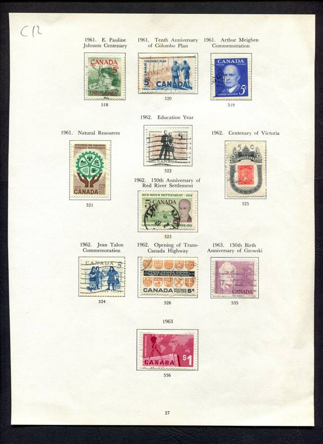 Canada - 11 Stamps Mounted on Old Album Page