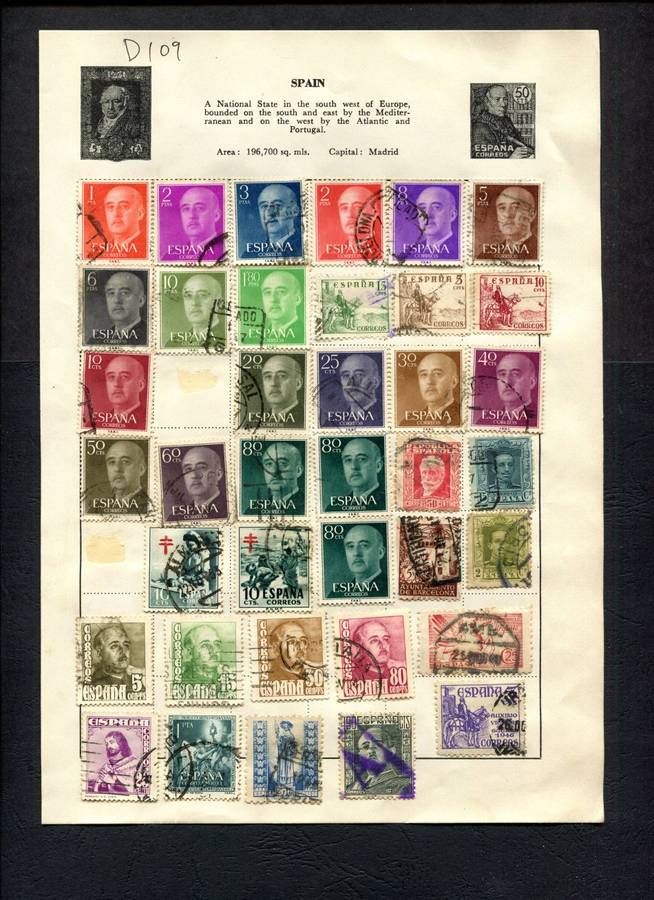 Spain - 38 Stamps Mounted (Hinged) on Old Album Page