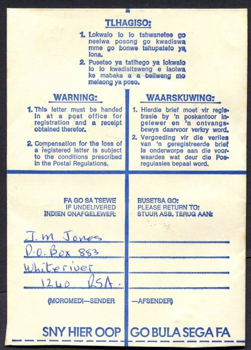 RSA - Bophuthatswana Pre-printed Registered Cover, Registered At Witrivier (RSA) Post Office