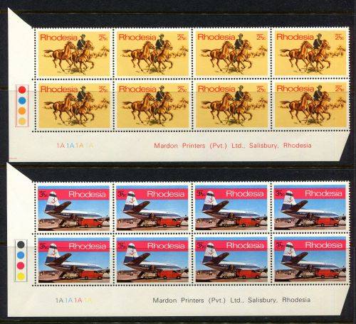 Rhodesia - Set of 4 Control/Imprint Blocks of 8 1A - 1970 - MNH - With Bleeding Leg Variety