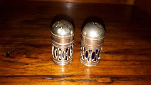 VINTAGE SILVER PLATED Tiny Salt and Pepper Pots with cobalt blue inner liner