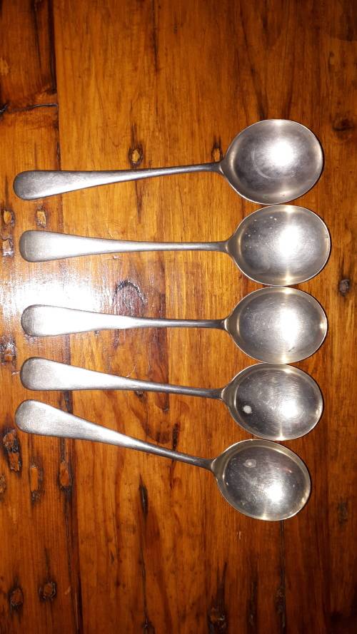 FIVE LARGE VINTAGE NICKEL SILVER Soup Spoons