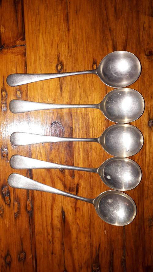 FIVE LARGE VINTAGE NICKEL SILVER Soup Spoons
