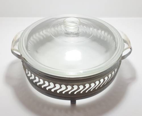Vintage Pierced Metal Casserole Stand With 2QT (1.8L) USA Anchor Hocking Fire King Dish and Lid