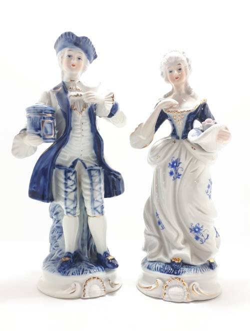 1925-67 Fine Porcelain Blue and White Capodimonte Victorian Figurine Pair Male and Female