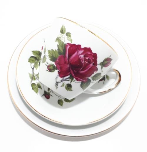 21 Piece Alfred Meakin Glo White Tea Set - White With Red Roses And Gold Trim