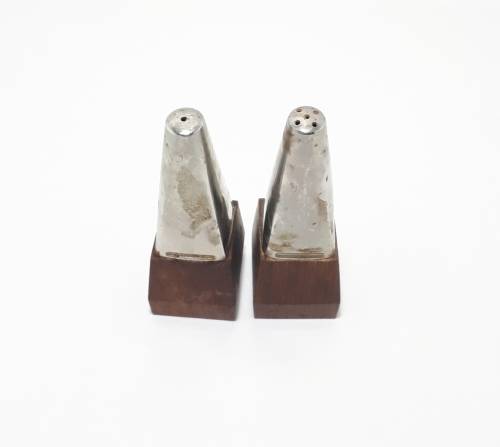 Vintage Set Of Wood and Stainless Steel Art Deco Designed Salt and Pepper Shakers