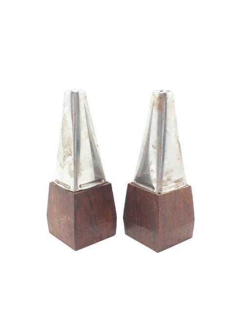 Vintage Set Of Wood and Stainless Steel Art Deco Designed Salt and Pepper Shakers