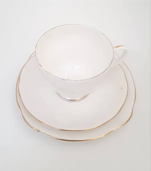 Vintage White and Gold Duchess Bone China Tea Trio  Cup, Saucer and Tea Plate