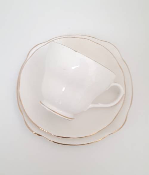 Vintage White and Gold Duchess Bone China Tea Trio  Cup, Saucer and Tea Plate