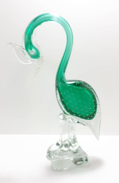 Collectable Large and Heavy Murano Hand Made Art Glass Bird Figurine  Green With Clear Glass