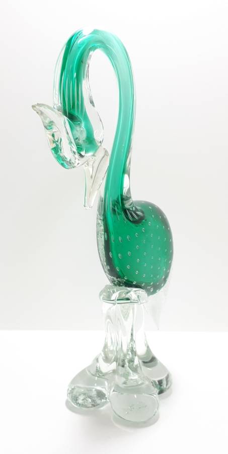 Collectable Large and Heavy Murano Hand Made Art Glass Bird Figurine  Green With Clear Glass