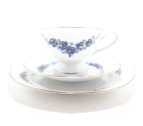 Blue and White (Echt Kobalt) Colditz Porcelain Tea Trio (Cup, Saucer and Tea Plate)