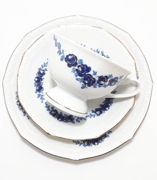 Blue and White (Echt Kobalt) Colditz Porcelain Tea Trio (Cup, Saucer and Tea Plate)
