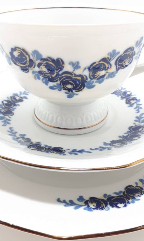 Blue and White (Echt Kobalt) Colditz Porcelain Tea Trio (Cup, Saucer and Tea Plate)