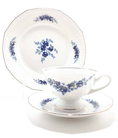 Blue and White (Echt Kobalt) Colditz Porcelain Tea Trio (Cup, Saucer and Tea Plate)