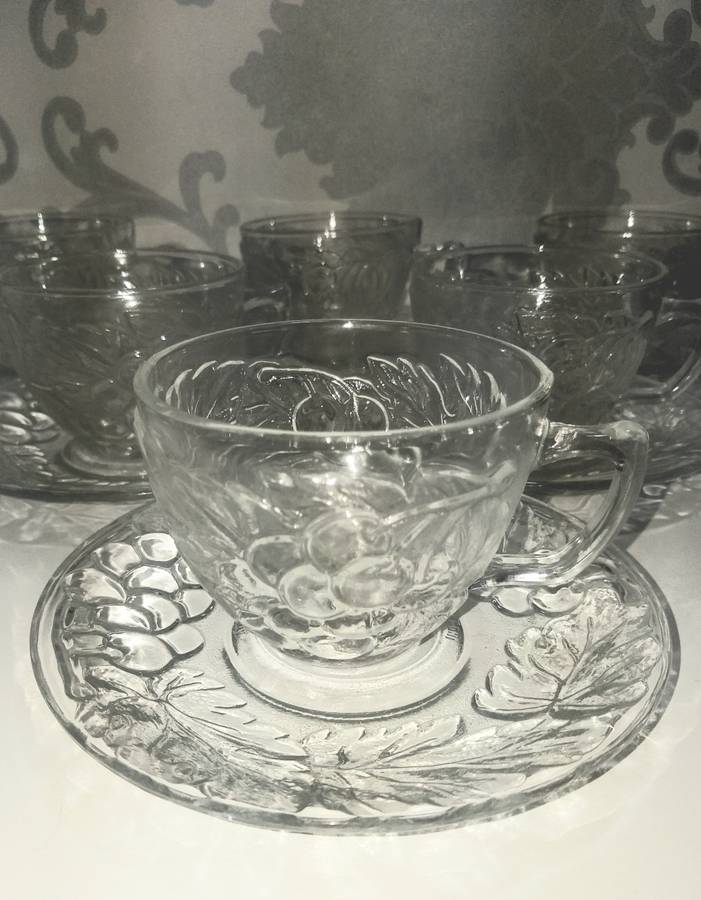 Indonesian Set Of 6 Clear Glass Duos (Cups And Saucers) With Grape And Grape Leaf Design