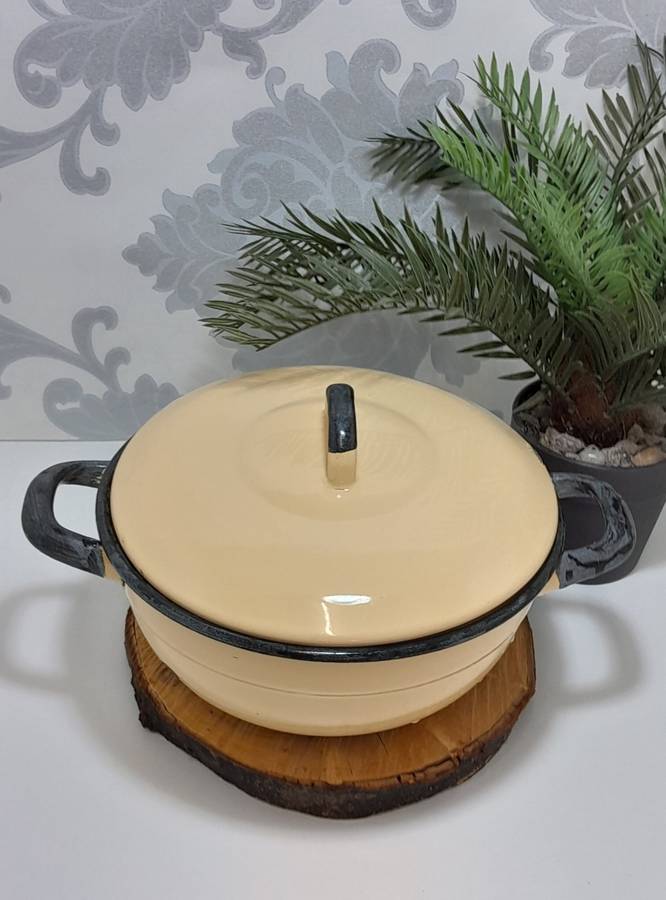 Vintage Yellow Enamel Lidded Casserole With Thick Black Rim