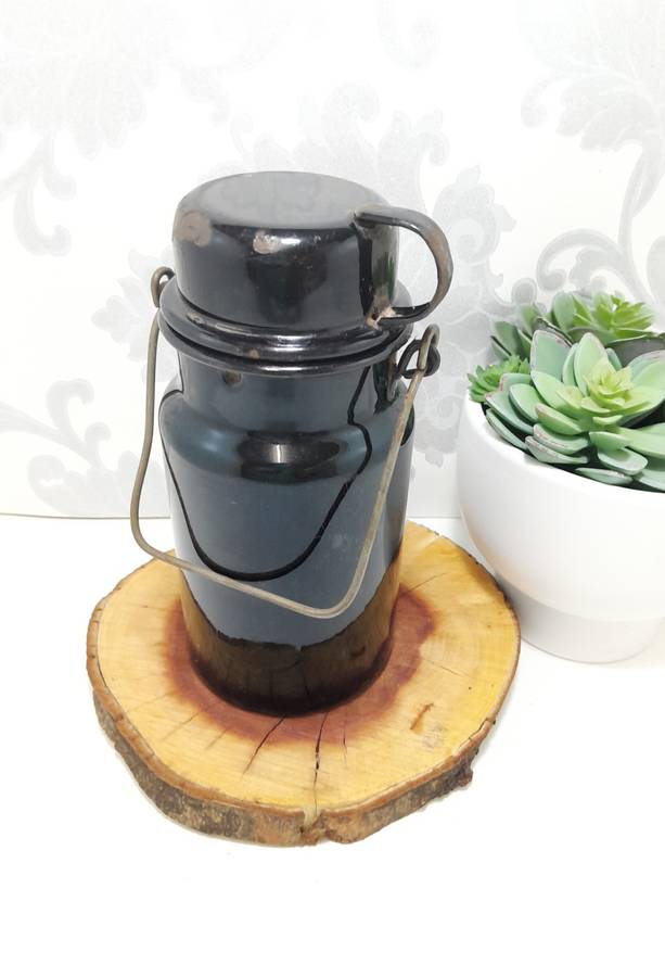 Antique Black & White Enamel Billy Can  Flask & Cup With Handle  Age Character