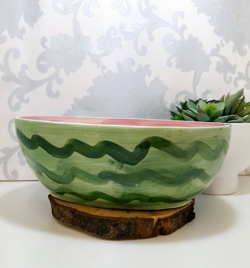 Large Oval Shaped Ceramic Hand Painted & Glazed Fruit / Salad Bowl