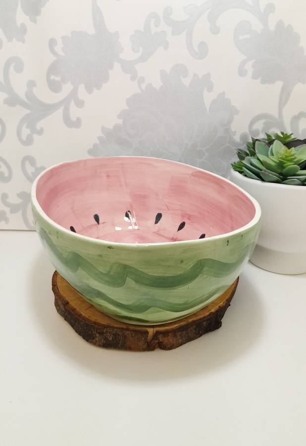 Large Oval Shaped Ceramic Hand Painted & Glazed Fruit / Salad Bowl