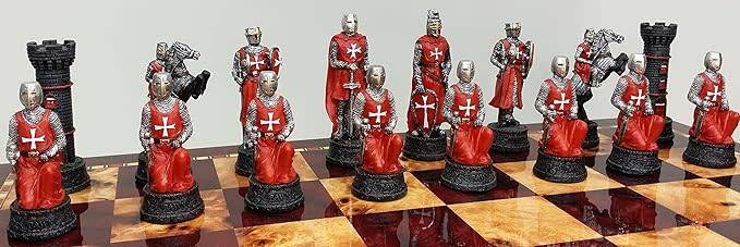 Medieval Times Crusades Knight RED & WHITE Set of Chess Men Pieces Hand Painted