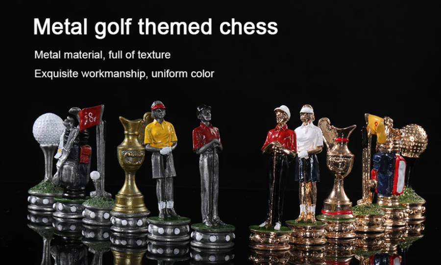 Metal Golf Character themed chess set game with Red Leather Board