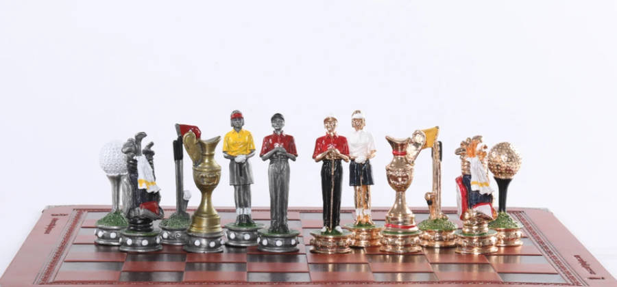 Metal Golf Character themed chess set game with Red Leather Board