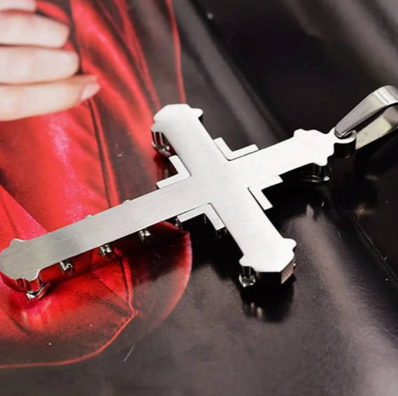 Steel Cross Pendant Necklace With Zircon Inlaid - Black